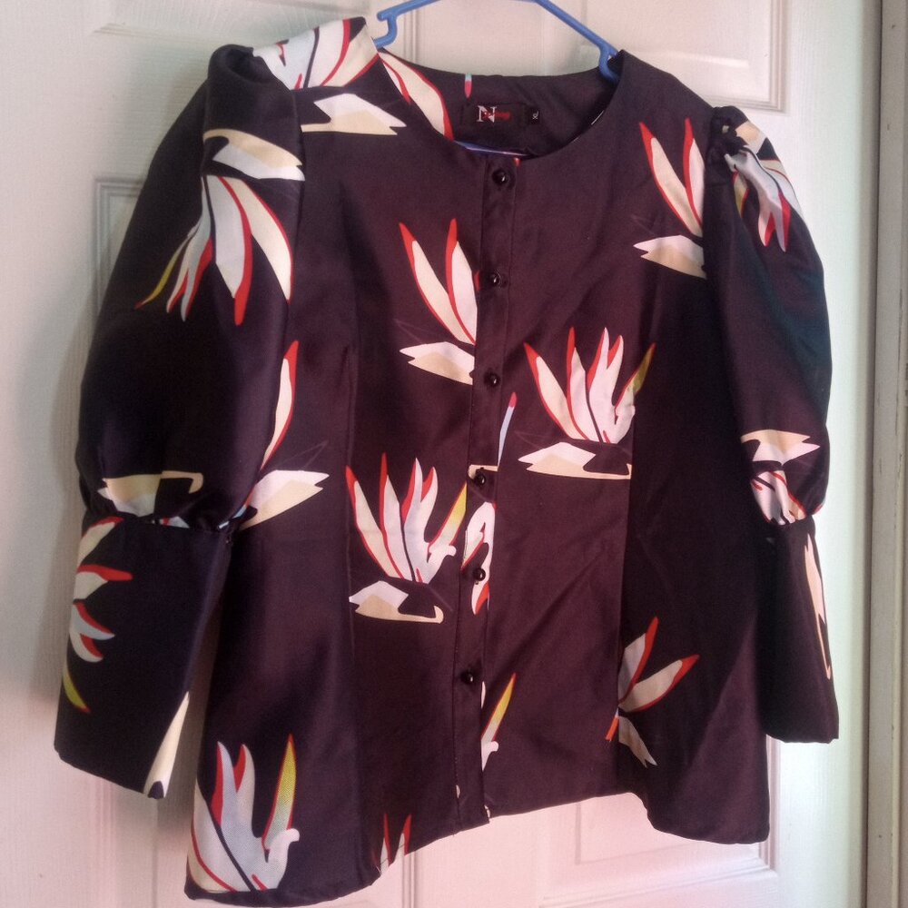 N Yang Size XL Blouse top Unworn Cond'n Black asian puffy cuffed short sleeve